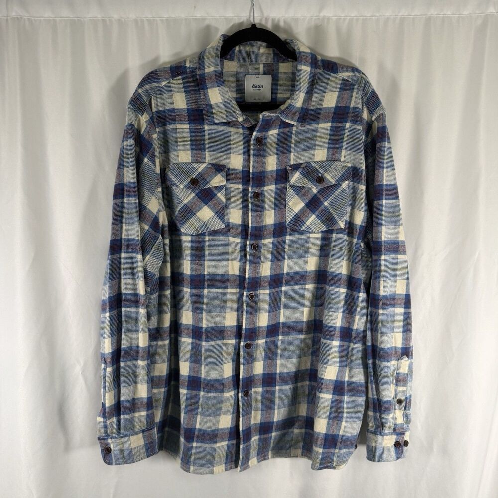 Katin Flannel Men's XXL Blue White Plaid Long Sleeve Button Up 100% Cotton